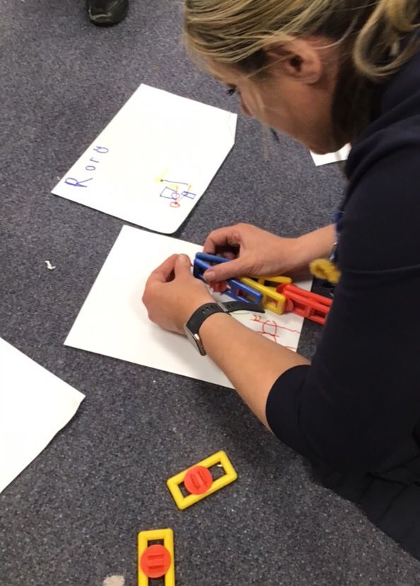 EYFSStMargaret1's tweet photo. The challenge in the construction area today - create a model, record a plan, challenge the teacher to recreate your model. How did the teacher get on? Very well with such fantastic plans to work from. #receptionchallenge #markmaking #eyfs #continuousprovision #constructionarea https://t.co/wNGs6VPfmm