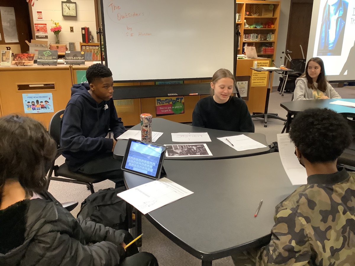 Mrs_LOLdaker's tweet photo. Pre-reading stations for The Outsiders 7th grade! Music, fashion, 1960s culture and history, slang and of course, all about the author! @135Learning @OSD135 @JerlingJayhawks @ProrokLeads @MrsHalperEDU #greasers #socs #outsiders #staygold @ChrisLHenning https://t.co/rAyyqWWjyq