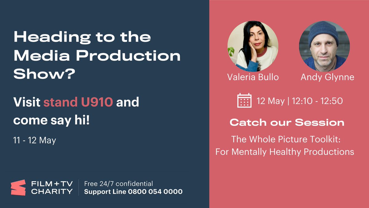 FilmTVCharity's tweet image. Going to the @mediaprodshow next week? So are we! 🎉

We&apos;ll be at stand U910 on both days. Come say hi!

And on the 12th at 12:10 pm make sure to catch our session on the Whole Picture Toolkit and how it can be used to change the tide on mental health in our industry! 

#MPTS2022