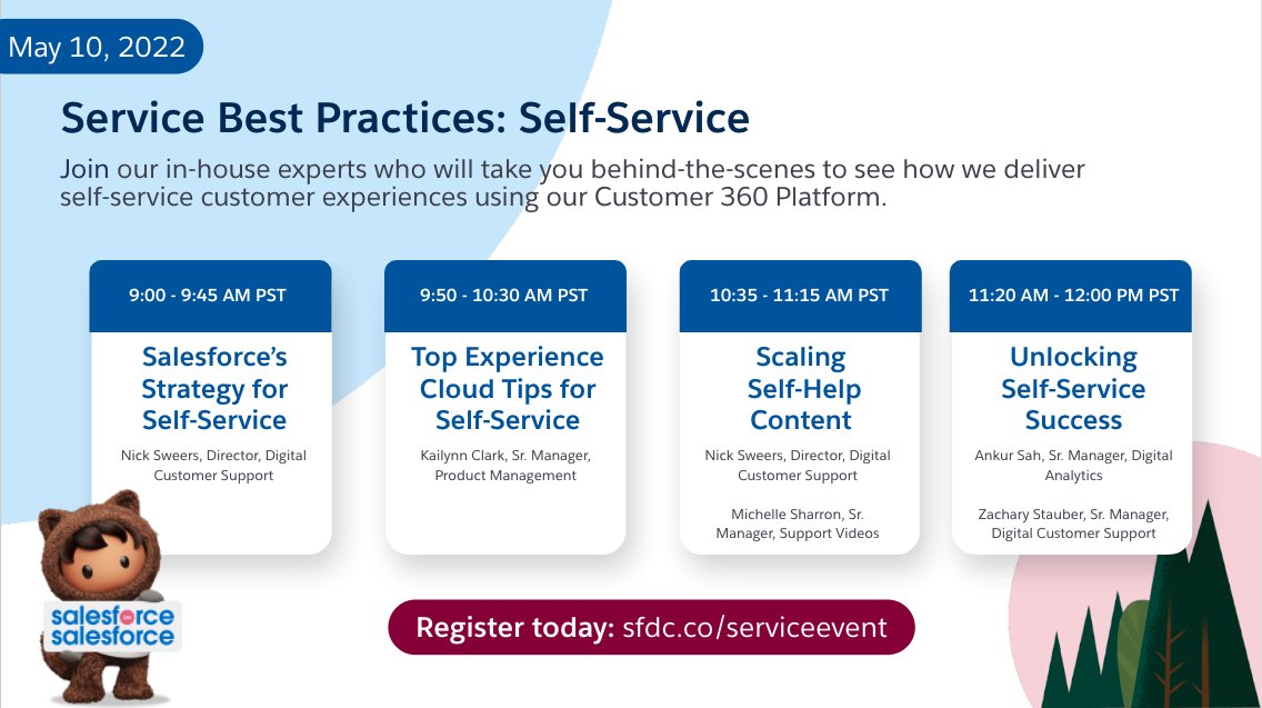 It's not too late to register for the next Service Best Practices event, happening this Tuesday, May 10. Want to see how Salesforce delivers self-service support? Then you won't want to miss it. Register today: sforce.co/3KOTzub