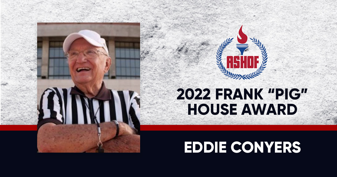 ASHOF's tweet photo. The 2022 Frank "Pig" House Award recipient is Eddie Conyers. Mr. Conyers is being recognized for his 60 years of service to the University of Alabama athletic department. He will be honored this Saturday at our 54th Annual Induction Banquet.

#ASHOF2022 https://t.co/ytBUJTVGsx