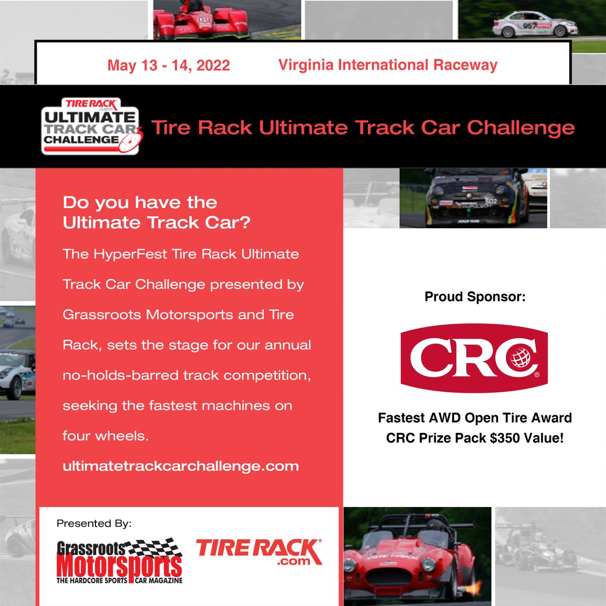 CRCAuto's tweet photo. CRC is proud to sponsor the award for Fastest AWD Open Tire at the HyperFest Tire Rack #UltimateTrackCarChallenge, May 13-14th at @VIRNow. Winner will receive a CRC prize pack valued at $350. See you all there! https://t.co/hlSZqxQDbb
#CRCBeOriginal #CRCAuto @grm_mag @tirerack https://t.co/F8TgyTsBC8