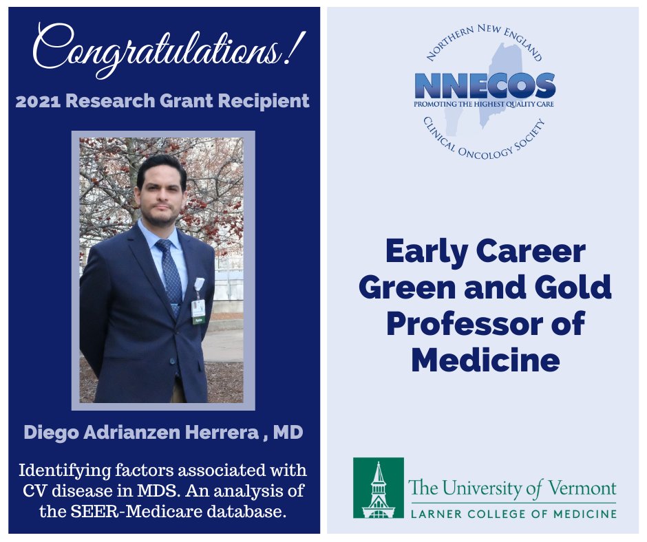 NNECOS_ONCOLOGY's tweet photo. Congratulations to 2021 NNECOS Research Grant Recipient, Dr. Diego Adrianzen Herrera on his appointment as the inaugural Early Career Green & Gold Professor of Medicine at UVM & his enrollment in the Clinical Research Training Institute Program from ASH. https://t.co/pPSMwX8FOh