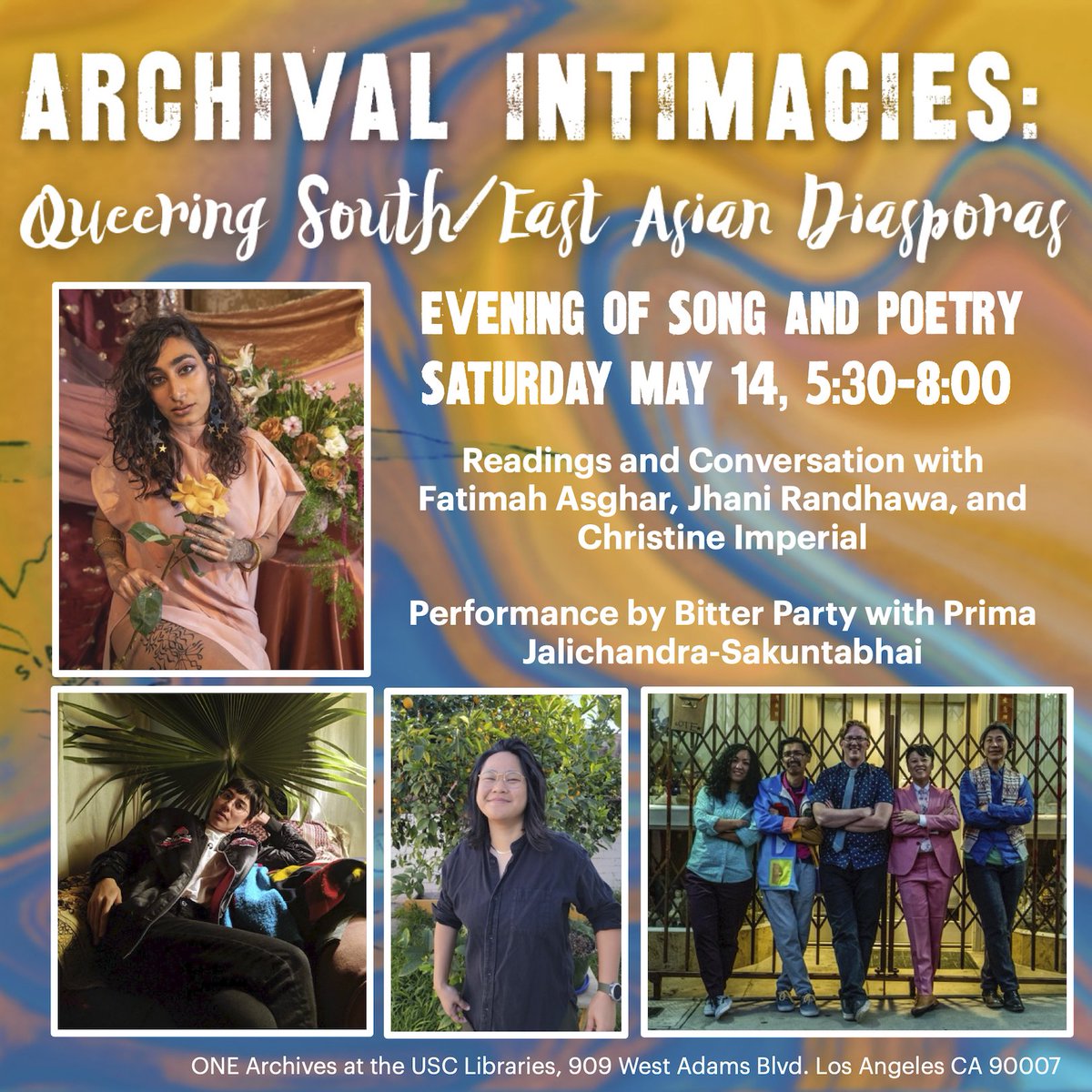 oneinstitutela's tweet photo. On Sat 5/14, 5:30pm PT, join ONE Archives at the @USCLibraries for an “Evening of Song and Poetry.”  Readings by Fatimah Asghar(@asgharthegrouch), Jhani Randhawa &amp; Christine Imperial,  performance by @BitterPartyBand &amp; Prima Jalichandra-Sakuntabhai.

RSVP: https://t.co/nZnHcfuj9Q https://t.co/VxuE5gmi2i