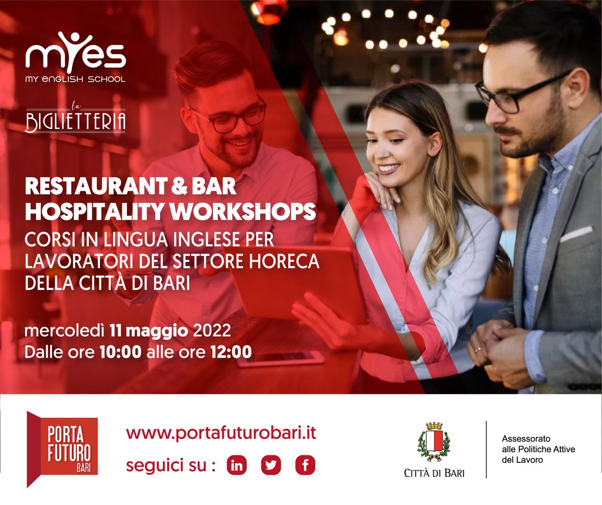 portafuturobari's tweet photo. Porta Futuro Bari presenta il progetto “Restaurant &amp; Bar Hospitality Workshops” della scuola d’inglese “My English School Bari”, volto a fornire le basi di lingua inglese agli interessati al settore https://t.co/rD0tWiAqd6. 

Prenotati online ➡ https://t.co/HWIZfSrQtm https://t.co/WtbhvvjIU9