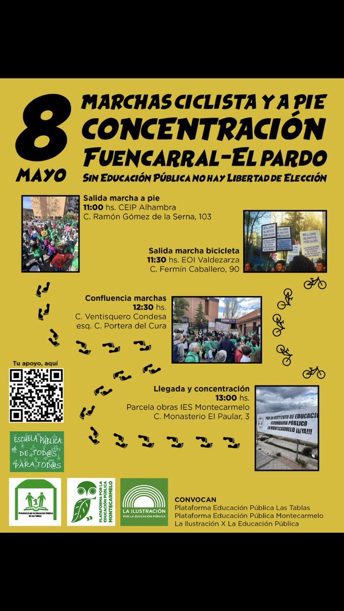 Este *domingo 8️⃣ de mayo* las familias y vecin@s 👪👩‍👧👨‍👧‍👦 de *Fuencarral-El Pardo* salen a la calle a visibilizar 🗣️ los *recortes ❌ y demás ataques que se están realizando contra la Educación Pública* 💚 en el distrito. 👇🏼👇🏼👇🏼
