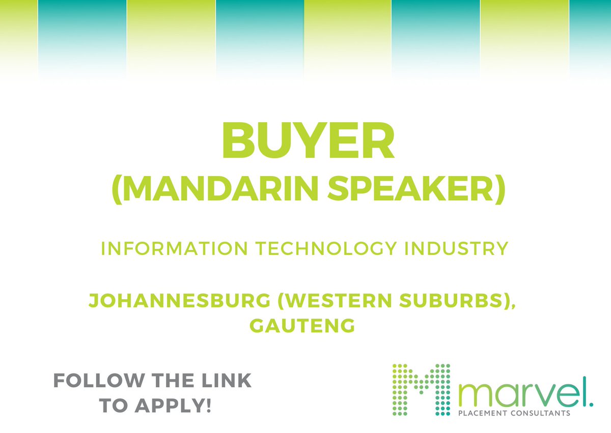#jobalerts

#Buyer #Mandarin_Speaker in Johannesburg (Western Suburbs), Gauteng.

Apply -> webapp.placementpartner.com/wi/vacancy?id=…

#vacancyalert #vacancy #hiring #jobs #recruitment #nowhiring #applynow #Gauteng #Johannesburg #WesternSuburbs #InformationTechnologyIndustry #Buyer #MandarinSpeaker