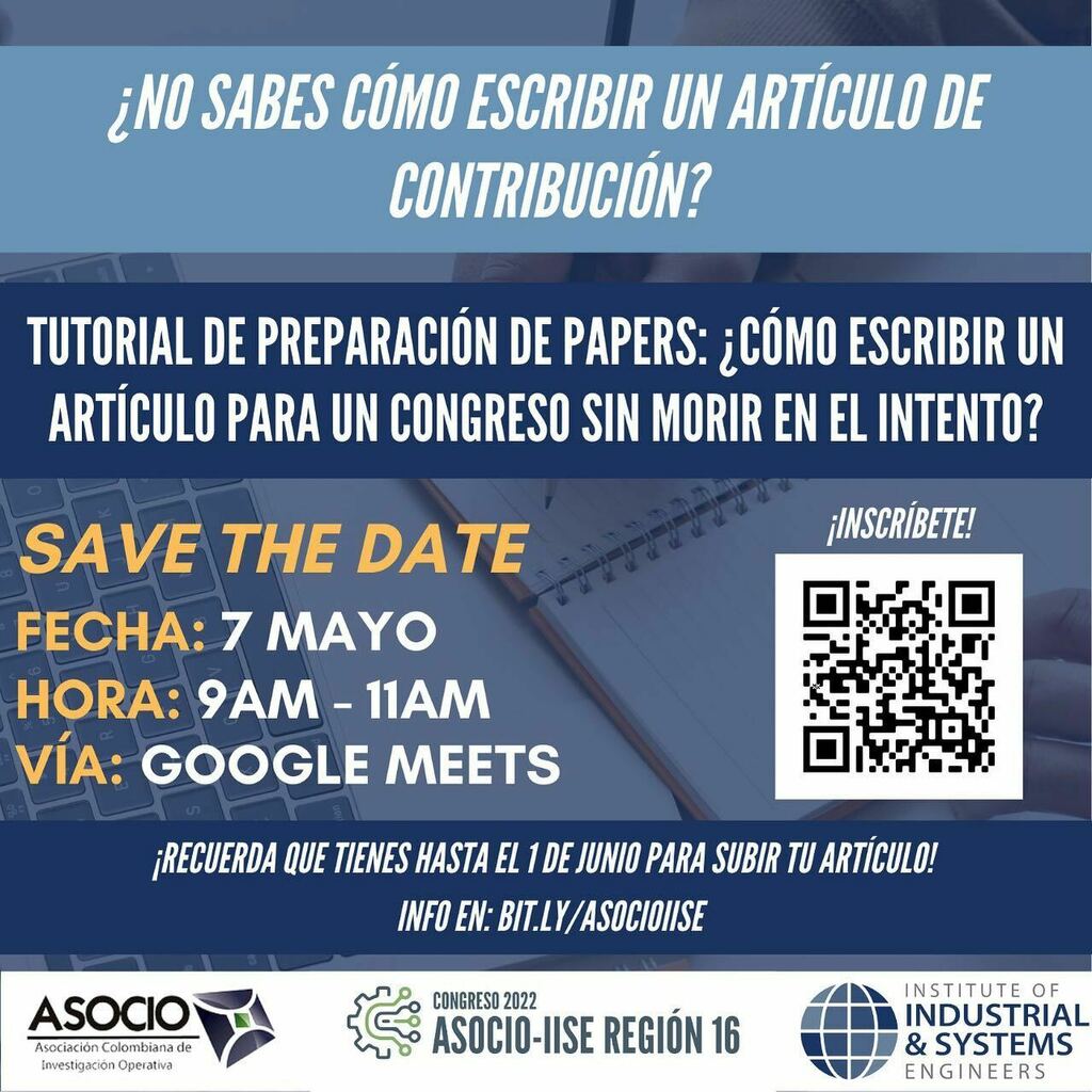 IISEUniandes's tweet photo. ¿No sabes cómo escribir un artículo de contribución pero estás interesado en participar en el congreso? ¡Te tenemos la solución! 💡Te invitamos a este webinar el cual se realizará el sábado 7 de mayo en el cual podrás aprender cómo redactar y preparar… https://t.co/7AxG0cZQ6Z https://t.co/O3Zu3pl8fQ