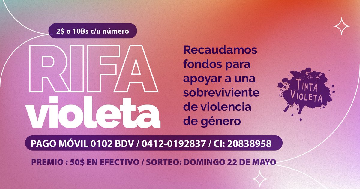 📢 ¡Participa en la RIFA VIOLETA 💜 en apoyo a una sobreviviente de violencia machista a quien acompañamos! 

¡Escríbenos para pedir tu número por tan solo 2$ o 10Bs al cambio! 

Pago móvil: 0102 - 04120192837 - 20838958

El sorteo será el próximo domingo 22 de mayo. 

#5May