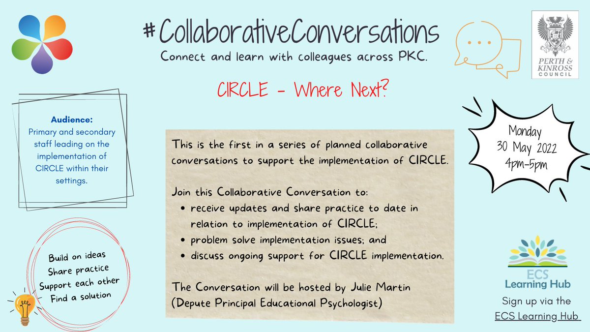 PerthEPS's tweet photo. Come and join @juliemartin2021 and @PaulSCunningham for a Collaborative Conversation about next steps for CIRCLE in your school @PKCTeach @PKCEducation https://t.co/DnAym9qrjV
