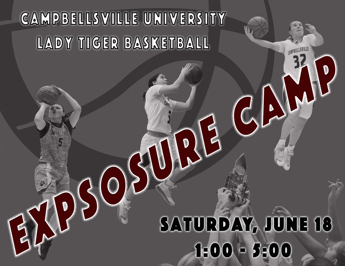 LTB_CU's tweet photo. Lady Tiger Basketball Exposure Camp

📍Campbellsville University    
     (Powell Athletic Center) 
🗓 Saturday, June 18th 
⏱ 1:00 pm - 5:00 pm
👉🏻 8th - 12th Grade 
💲$50 per Player (Paid on Site) 
💻 Register Online 👇🏻👇🏻

https://t.co/G8KSTOfgTp https://t.co/LbezzCGtgO