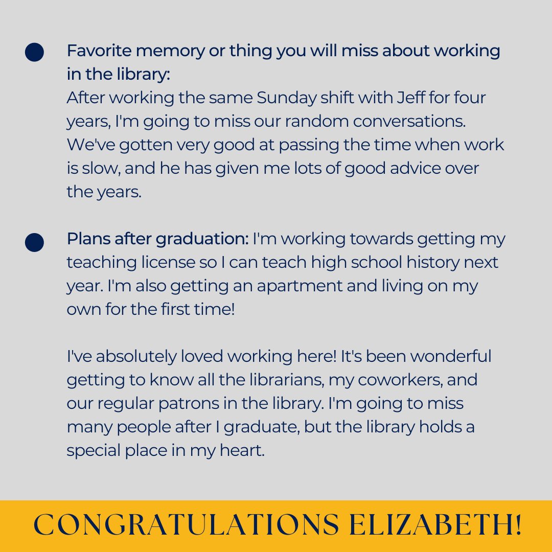 Our last Senior Spotlight is Elizabeth Cooley. Elizabeth graduated in December '21 but we were fortunate to keep her for another semester while she works toward her teaching license. Congratulations, Elizabeth! We'll miss you in the library!

#SeniorSpotlight #MarianUniversity
