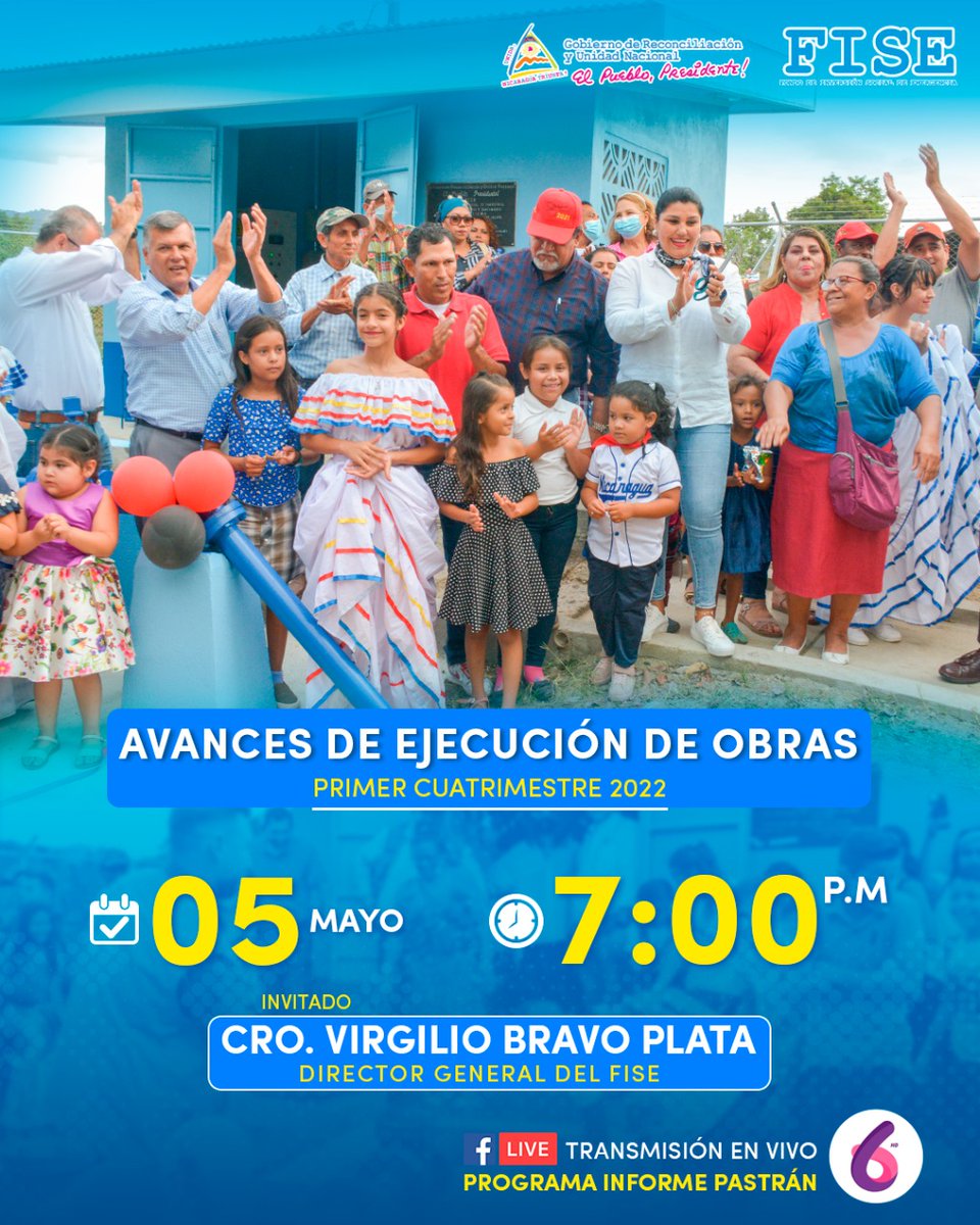 SuenosdeSandino's tweet photo. Esta noche, spere detalles del avance de ejecución de obras que realiza el Gobierno de Reconciliación y Unidad Nacional a través del FISE en el área rural en materia d Agua, Saneamiento e Higiene #Nicaragua https://t.co/0FfWNWBQMr