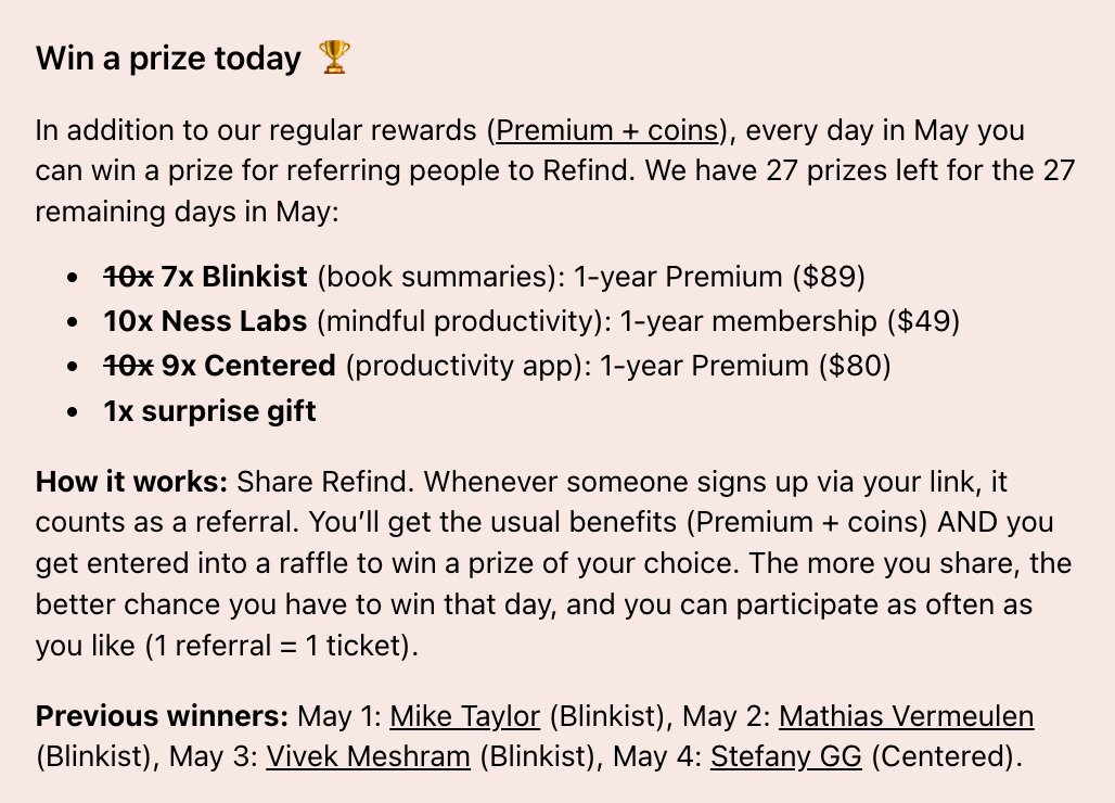 Refind (@refindcom) on Twitter photo Our fourth winner is <a href="/caracol/">Stefany GG</a>. She got a 1-year Premium subscription for <a href="/centered_app/">centered_app</a>, the productivity app!
As a reminder, every day in May you can win a prize (we have 27 prizes left). Our fourth winner is <a href="/caracol/">Stefany GG</a>. She got a 1-year Premium subscription for <a href="/centered_app/">centered_app</a>, the productivity app!
As a reminder, every day in May you can win a prize (we have 27 prizes left).