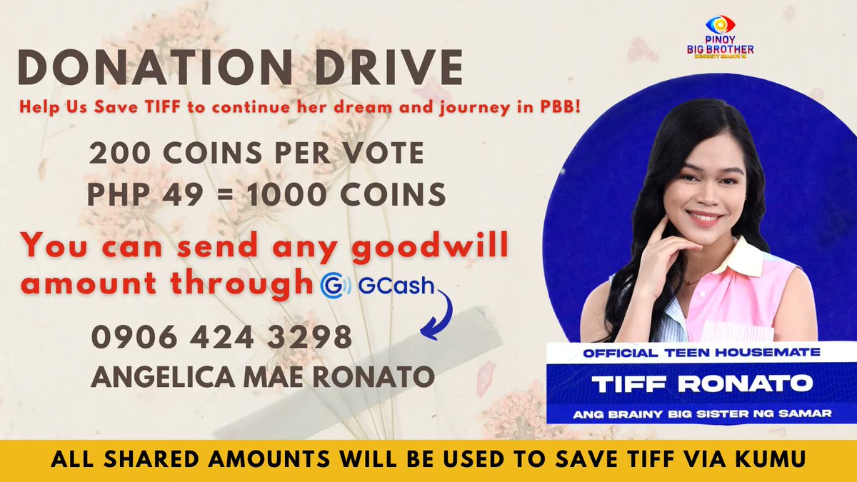 jnncdln_'s tweet photo. Hello everyone, we are now officially opening our Donation Drive dedicated to Tiff's PBB Journey.

All shared amounts will be used to save Tiff in the future evictions. Big or small amount is highly appreciated!
#TiffanyRonato

CTTO: @tiffglobalofc 

#pbbtiff #pbbtop2 #bbstiff https://t.co/MKt7Ctr2Q3