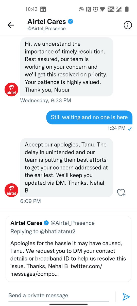 bhatiatanu2's tweet image. @Airtel_Presence- Tells everything in air, no work on ground. #1network ? #SabKuchTryKaroFirSahiChuno but Airtel is not that sahi for sure. Wait wait and just wait, 6th day my request is over and still there is no resolution for a simple shifting of fiber broadband.