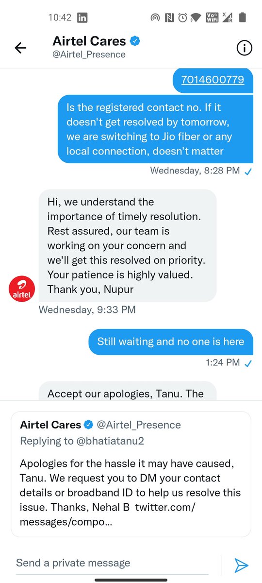 bhatiatanu2's tweet image. @Airtel_Presence- Tells everything in air, no work on ground. #1network ? #SabKuchTryKaroFirSahiChuno but Airtel is not that sahi for sure. Wait wait and just wait, 6th day my request is over and still there is no resolution for a simple shifting of fiber broadband.