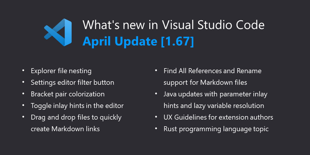 code's tweet photo. 📢 The April release of @code is here! Check out the latest: 

📁 Explorer file nesting
💡 Toggle inlay hints
🔍 Markdown code navigation
... &amp; much more!

Release notes: https://t.co/VAPbRhj2U4
Download: https://t.co/1CSkQpMbwd https://t.co/9XoejCFzA0