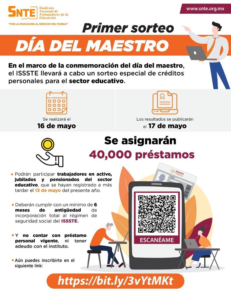 Seccion55SNTE's tweet photo. #TodosSomosUno 🙋‍♂️
#UnoSomosTodos 🙋‍♀️
#preSNTE55
📍 Si eres maestro #SNTE 📚 activo 👨‍🏫 jubilado 👩‍🦰 o pensionado 👴 esto te interesa en víspera de #DiaDelMaestro 👩‍💼 Sorteo Especial de Créditos 

Consulta las bases y regístrate

👇👇Convocatoria👇👇
Aquí 👉 https://t.co/eeEzdI2WsG 📜 https://t.co/wTZsWlSGpk