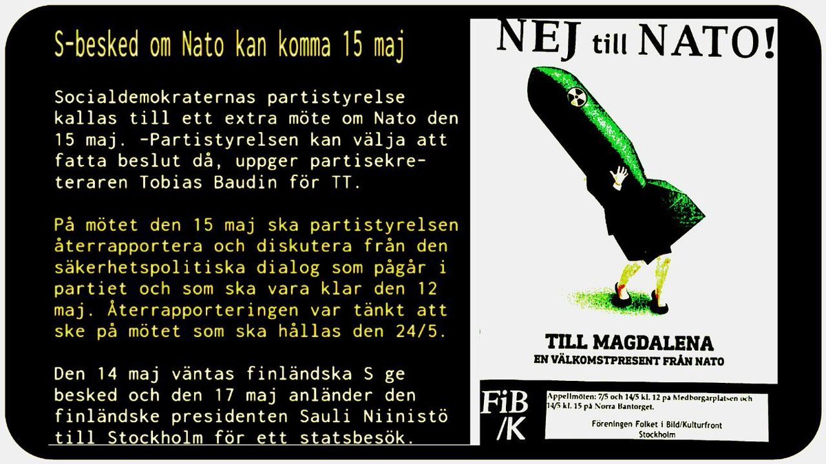 Protester_Sthlm's tweet photo. Demonstration:
NEJ till NATO 

Lördag 7.5. kl 12 Medborgarplatsen 
samt Norra Bantorget kl 15, Sthlm.

#NejTillNato https://t.co/QdBGD2fK7j