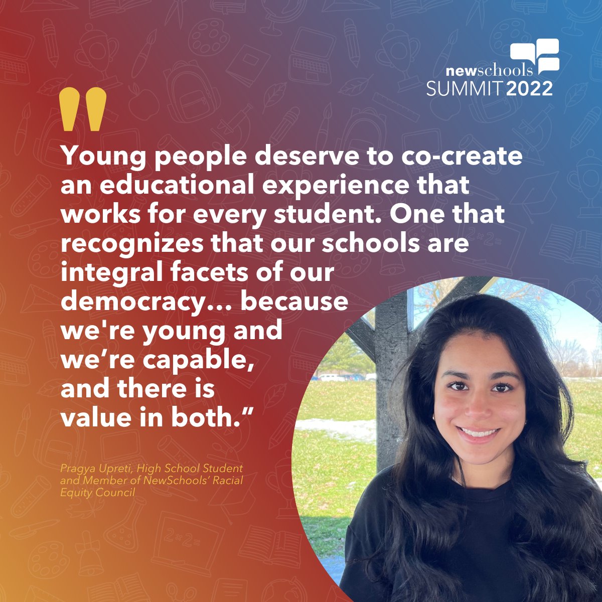 nsvf's tweet photo. “Young people deserve to co-create an educational experience that works for every student. One that recognizes that our schools are integral facets of our democracy… because we're young and we’re capable, and there is value in both.” - @thepragyaupreti, HS Student #NSVFSummit https://t.co/9TBVHbgt6X