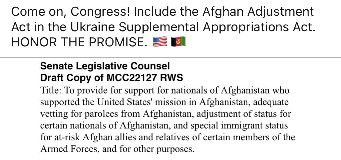 task_force_argo's tweet image. Need your help TODAY! 
Please call your Senators and tell them: “My name is X. I live in X. I am your constituent. I support the Afghan Adjustment Act being included in the Ukraine Supplemental Appropriations Bill.
Call your Senators, your House of Representative, and Leadership.