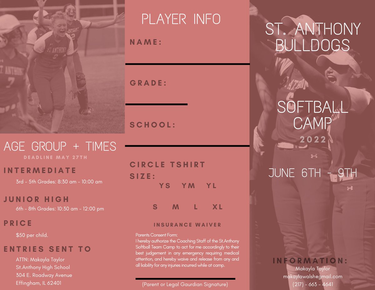 STASBALL1's tweet photo. 🚨 EXCITING NEWS 🚨
The Lady Bulldogs will be having a softball camp this summer! The camp will be lead by Head Coach Taylor along with previous + past softball players.
📍 St. Anthony High School Field
📆 June 6th - 9th
⌚️ 3rd-5th Gr: 8:30am-10:00am
⌚️ 6th-8th Gr: 10:30am-12:00p https://t.co/ewiPBExoMH