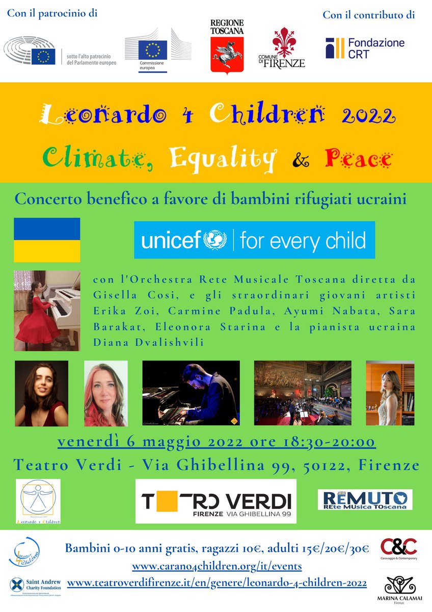 Siete benvenuti al concerto #Leonardo4Children su #clima, #uguaglianza e #pace domani venerdì 6 maggio al <a href="/teatroverdifi/">Teatro Verdi Firenze</a> a favore di <a href="/UNICEF_Italia/">UNICEF Italia</a>