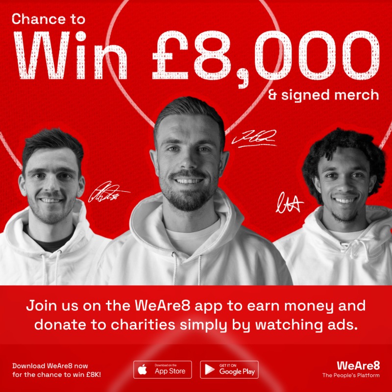 WeAre8Official's tweet photo. Download #WeAre8 and follow Jordan Henderson, Trent Alexander-Arnold &amp; Andy Robertson for the chance to win £8,000 and signed merch! ⚽️ 💛 🌍