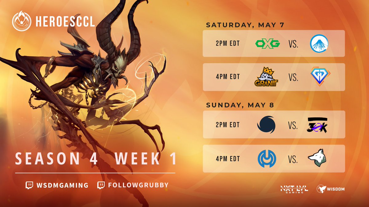 Get ready for Week 1 of #HeroesCCL Season 4 this weekend! 🔥

Join <a href="/followgrubby/">Grubby</a>, <a href="/Bahamutgaming/">Bahamut</a>, &amp; <a href="/ThisJusting/">Justing</a> this Saturday and Sunday beginning at 2PM EDT.

See you there. 👀

🔴Twitch.tv/WSDMGaming
🔴Twitch.tv/FollowGrubby