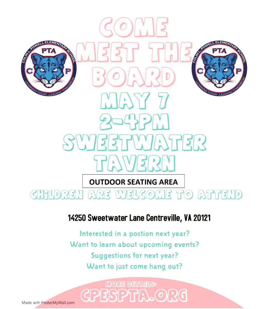 Want to meet and mingle with the current Powell PTA Board? Interested in learning more about next year's open Board and Committee positions?  Come to Sweetwater Tavern this Saturday (May 7) from 2:00 pm to 4:00 pm! The PTA has reserved space in the outdoor seating area!