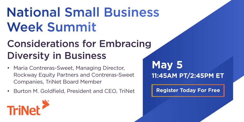 TriNet's tweet image. Former Administrator of the U.S. @SBAgov @MContrerasSweet  and TriNet President and CEO @BurtonGoldfield. Join us: trinet.com/smallbusinessw… #TriNetSmallBizSummit #SmallBusinessWeek #DreamSmallBiz #IncredibleHR #HRcompliance #IncredibleStartsHere #ValueofaPEO #virtualevent