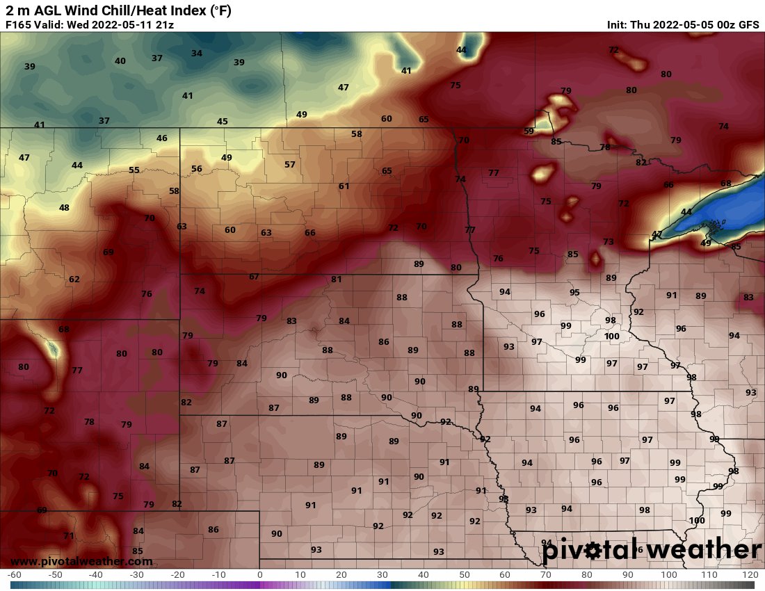 Next Wednesday in Minneapolis looks like a hot soupy mess with temps around 90 and dew points in the low 70s. Severe weather appears probable Monday-Wednesday as well. Install those window AC units before next week, Minnesota leap frogged spring once again. #mnwx https://t.co/tWWZC9oRnK