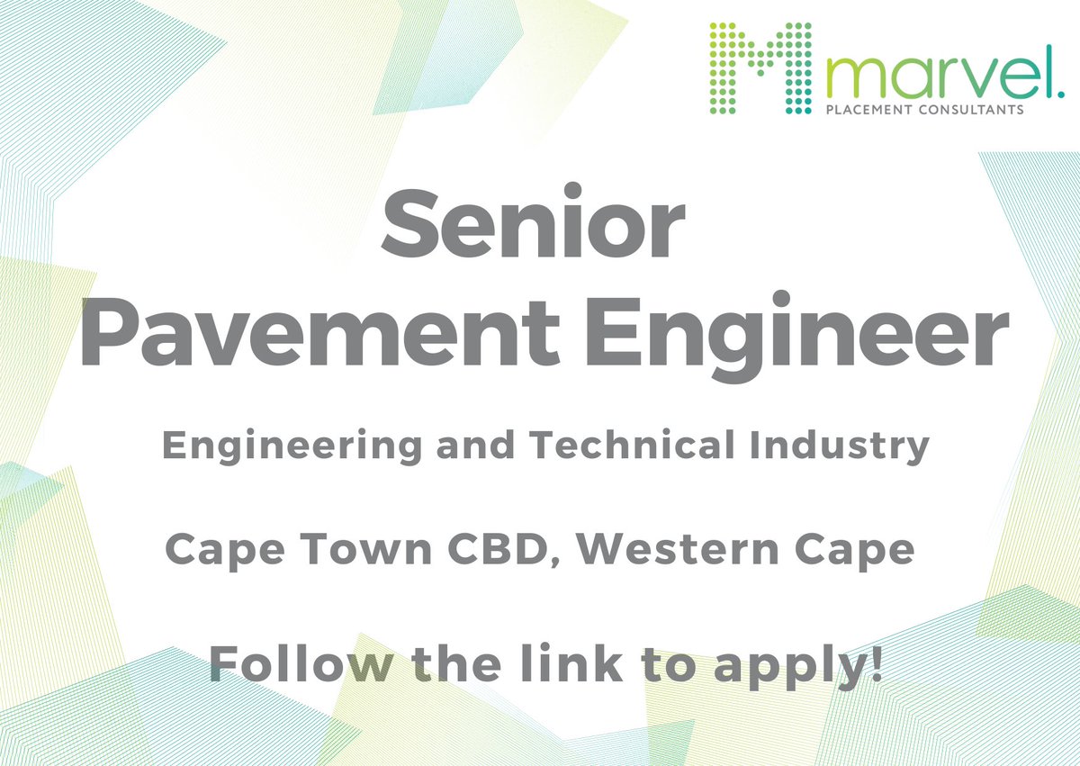 #jobalerts

#Senior_Pavement_Engineer in Cape Town CBD, Western Cape.

Apply -> webapp.placementpartner.com/wi/vacancy?id=…

#vacancyalert #vacancy #hiring #jobs #hiring #WesternCape #CapeTown #CBD #EngineeringAndTechnicalIndustry #SeniorPavementEngineer #ProfessionalEngineer