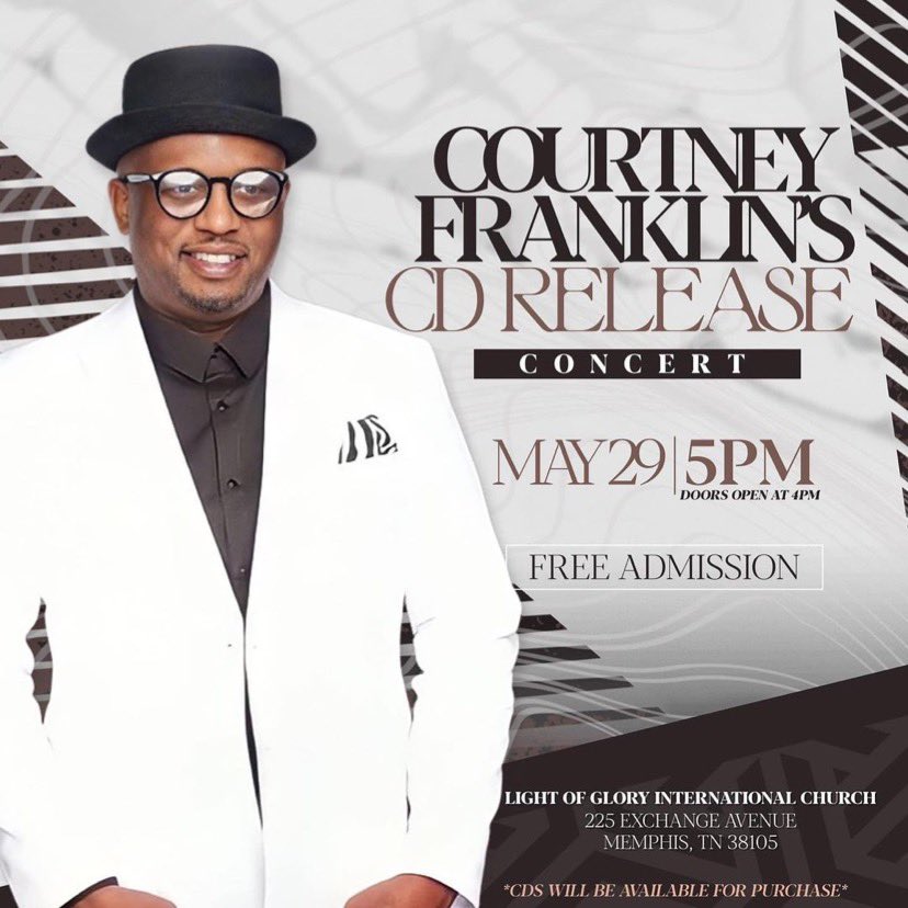 PebbleStreetRec's tweet photo. MEMPHIS!!!!
Do NOT miss this historic event!!!
Memphis &amp; Pebble Street’s own….The Courtney Franklin’s 

CD Release Concert Sunday, May 29th 

Doors Open 4pm/Concert 5pm. Free Admission! 

Light Of God International Church 
225 Exchange Ave. 
Memphis,TN https://t.co/B11e4KXzsa