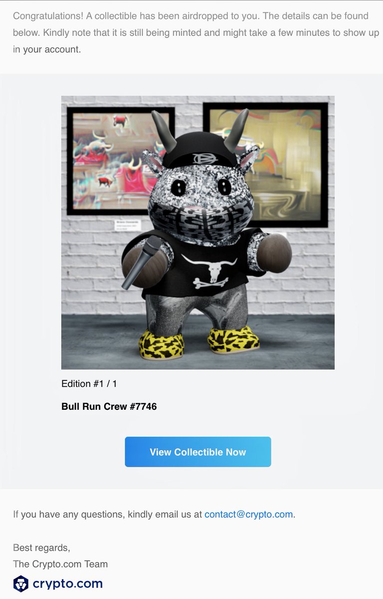 Thank you <a href="/BullRunCrew/">Bull Run Crew</a>, <a href="/Enchanted_NFT/">Enchanted Future</a> and <a href="/cryptocomnft/">Crypto.com NFT</a> for this awesome silver bull airdrop.🎁 

Now i have 5 BullRunCrew and this one is unique-silver🐂😍 #Bullishonthebulls #BullRunCrew #crofam #nft