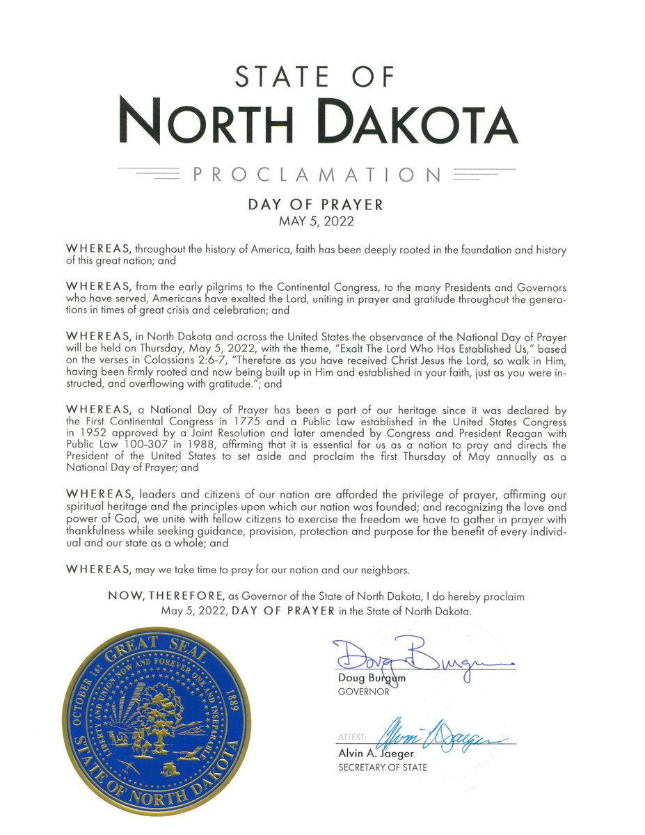 GovDougBurgum's tweet photo. Today is Day of Prayer in North Dakota. 

We have many reasons to be grateful and pray, just as people across our great nation are praying in their own ways, in their own places and in their own faiths. May we take time today to pray for our nation and our neighbors. https://t.co/dXflCqHVZm