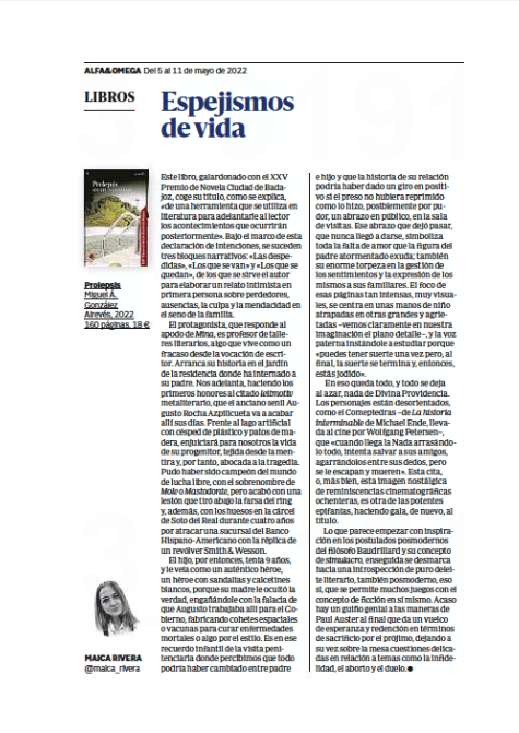 Artículo de @maica_rivera en @alfayomegasem sobre 'Prolepsis', la novela ganadora al XXV Premio de Novela Ciudad de Badajoz de @MA_Escritor Os lo dejamos aquí abajo.