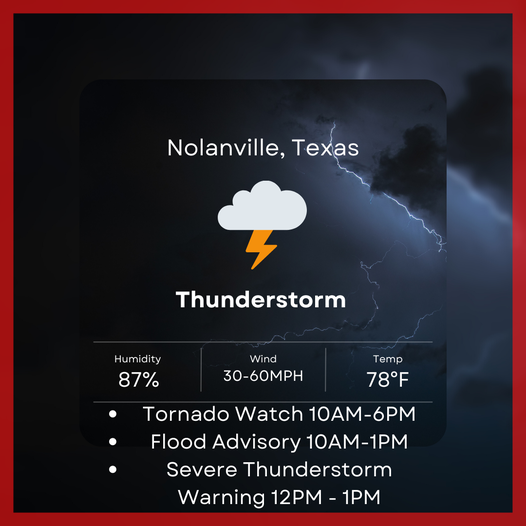 Stormy weather in the area today for most of Central Texas. Sign up for CodeRED alerts to stay on top of all updates. Keep phones charged and follow local weather KXXV &amp; KCEN. In the event of bad weather, take cover lowest level of home in an interior room. Be Prepared and alert!