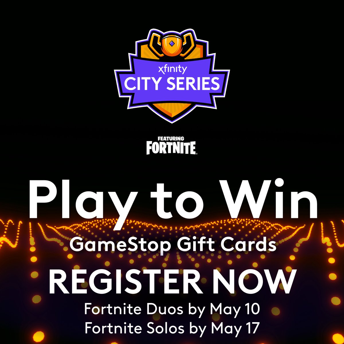 Get ready to face off against local competitors in this month’s Xfinity City Series Fortnite tourneys (Duos, Solos or both)! Play to win GameStop gift cards and to be crowned City Champion. Register by May 10th for Duos: bit.ly/XCS-MC