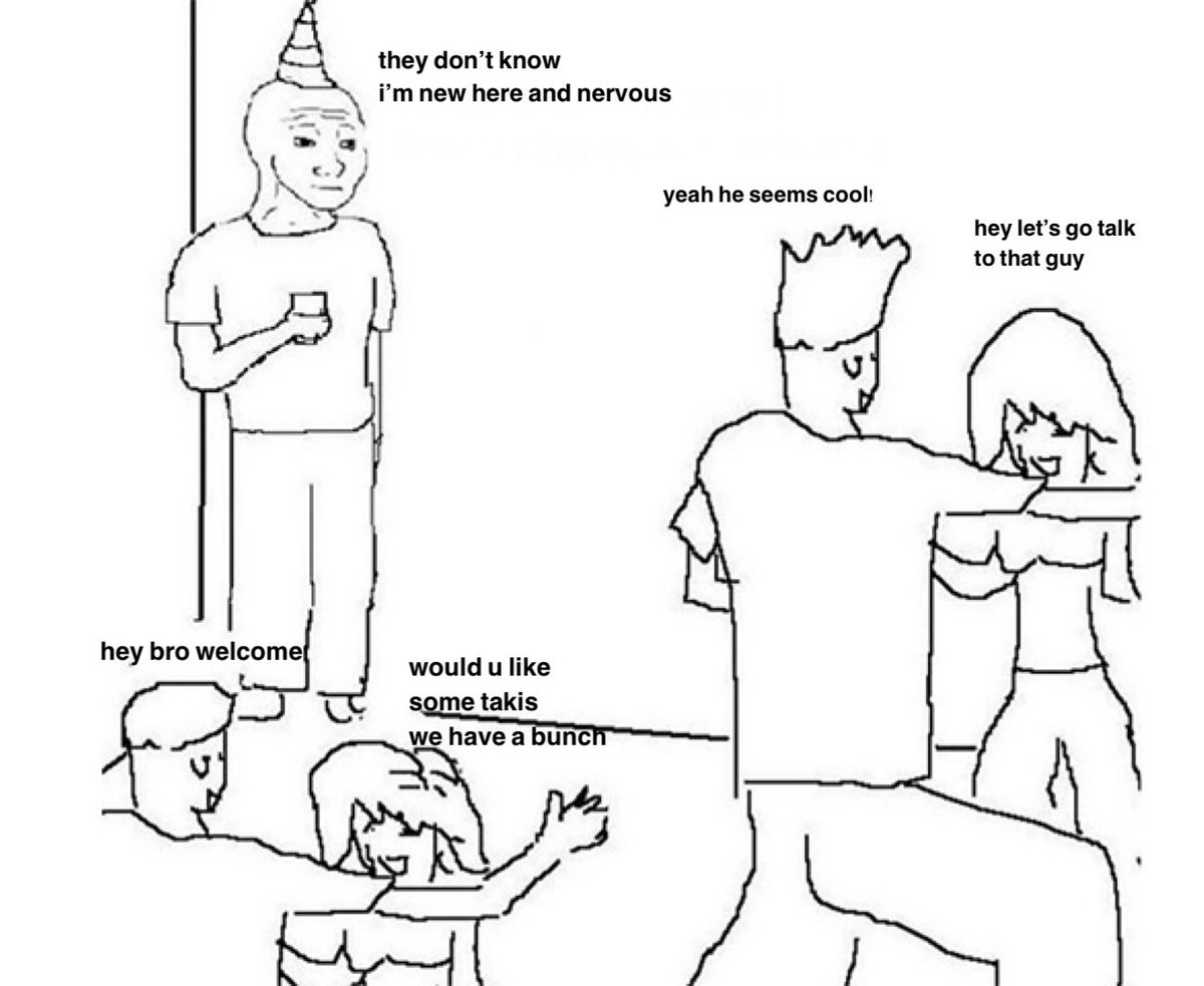 this is what it is like at the university catholic community we are all very nice, come on down and grab some takis