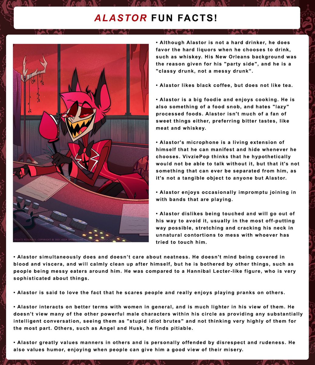 Catching up on fun facts sheets with the radio demon! A bunch of fun trivia they gave out about Alastor on the Hazbin q&amp;a streams.

#HazbinHotel #HazbinHotelAlastor