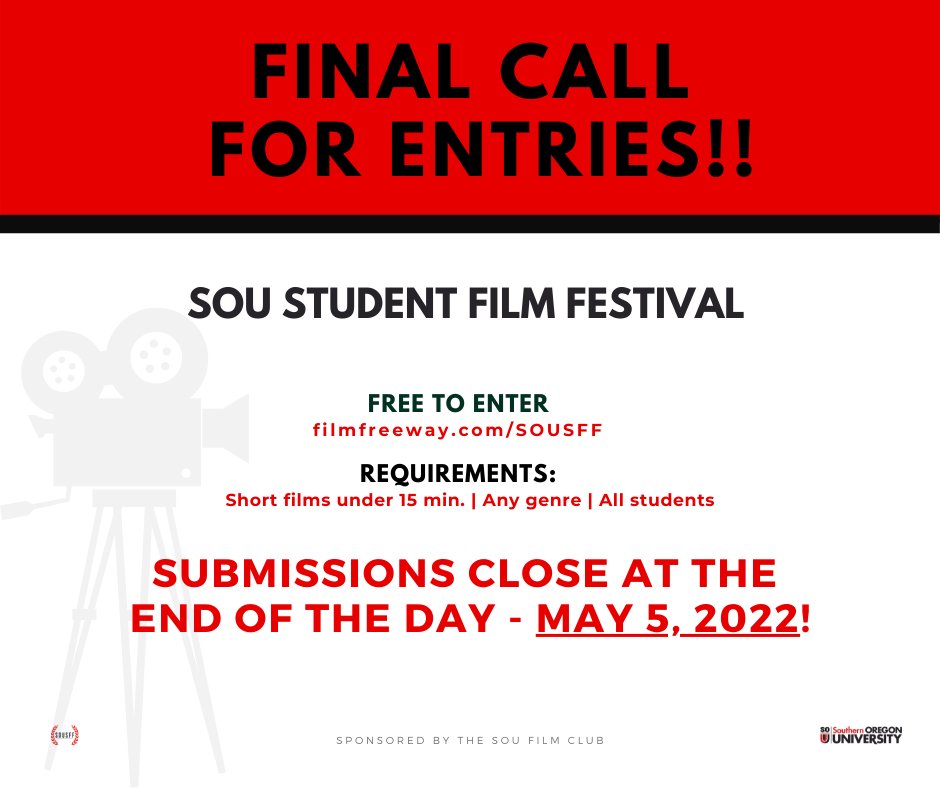 Today is the last day to get your films in for the student film festival! Submit at the FilmFreeway link in our bio before the end of the day. We can't wait to see your work!