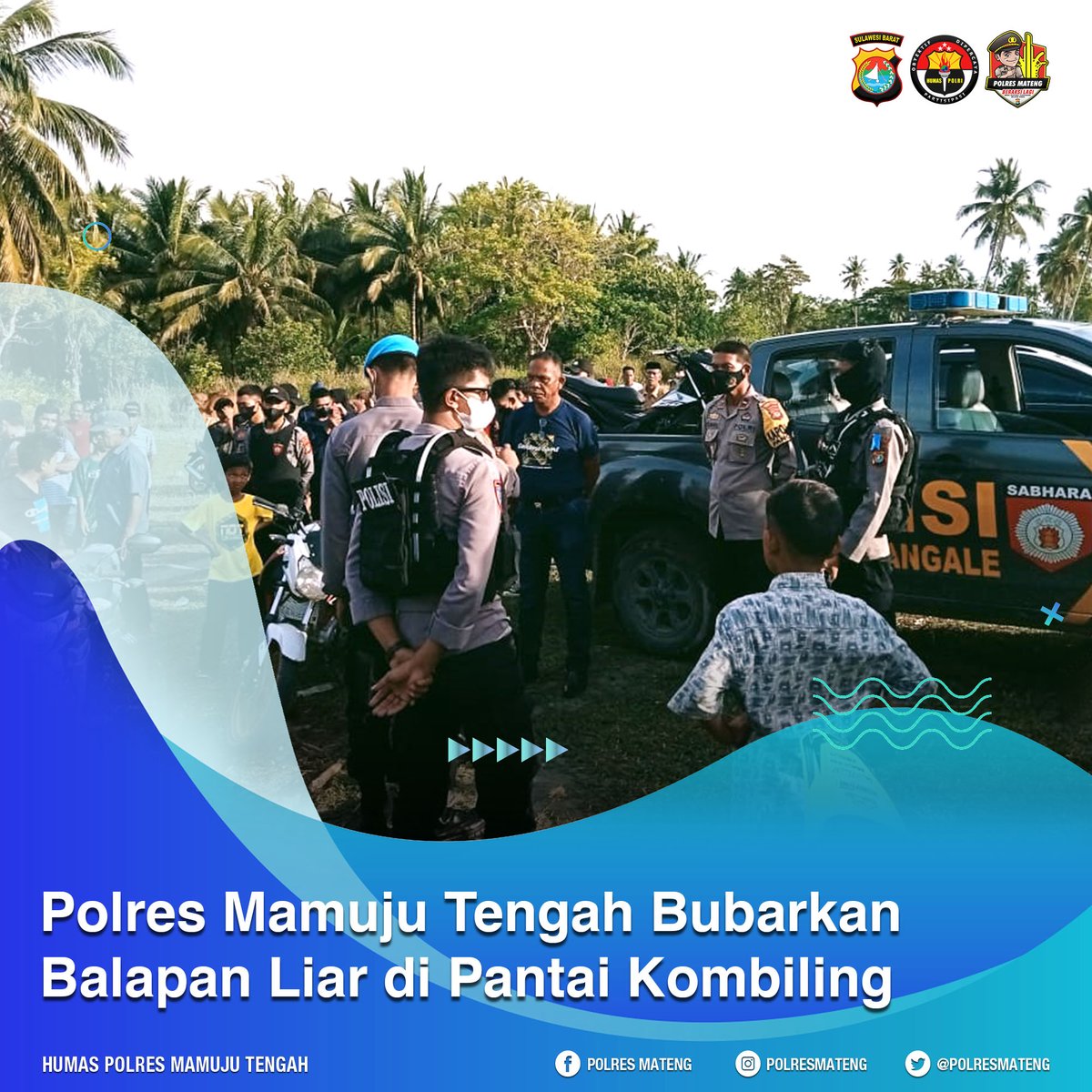 polresmateng's tweet photo. Personel Polres Mamuju Tengah bersama jajaran Polsek Pangale membubarkan aksi balapan liar yang meresahkan masyarakat Desa Kombiling. Kamis (5/5/2022).

Pembubaran ini dilakukan berawal dari kegiatan Patroli pengamanan tempat wisata pasca lebaran idul fitri 1443 H.
#PolresMateng https://t.co/CMQ5CHHqLW