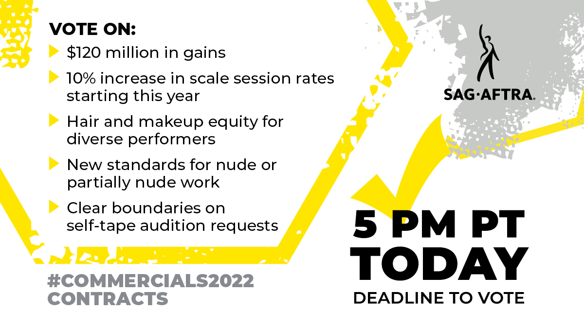 Today is the final day to vote on the #Commercials2022 Contracts. The future of union-covered commercials work is in your hands. VOTE YES by 5PT/8ET on more work for more pay and better working conditions 👉  ivsballot.com/commercials2022