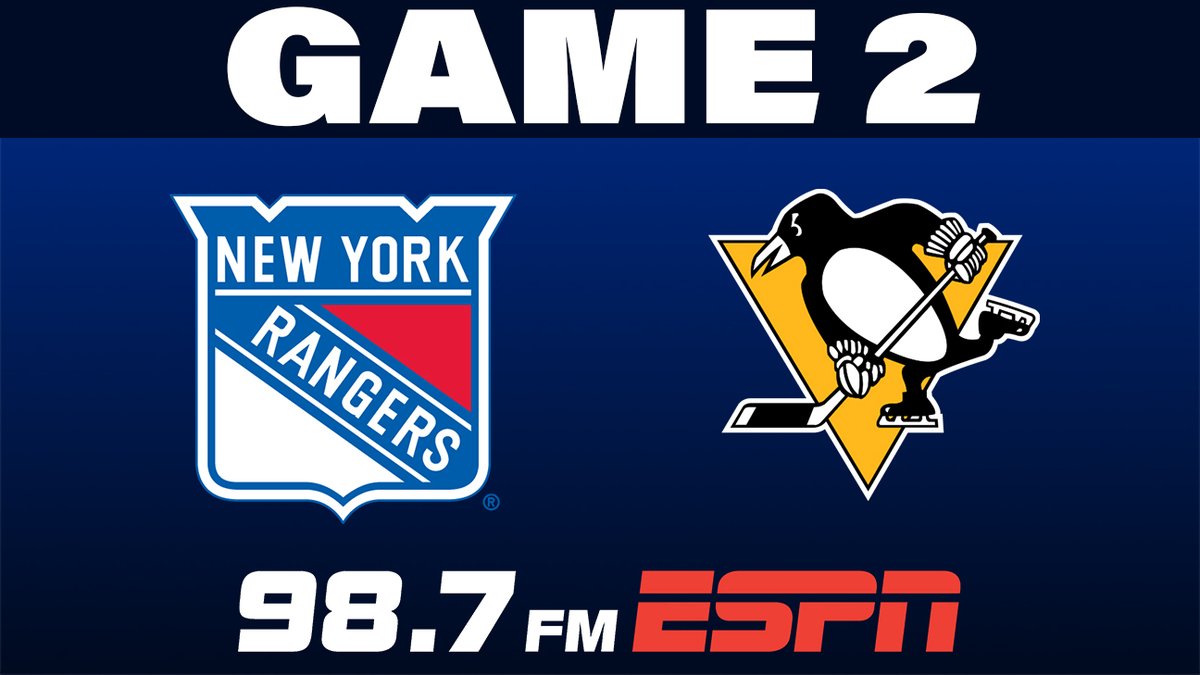 TONIGHT!  GAME 2 #NYR vs. #Penguins — Coverage starts 6:30P with <a href="/patokeefe12/">Pat O'Keefe</a> pregame followed by <a href="/DonLagreca/">Don La Greca</a> &amp; <a href="/DaveMaloneyMSG/">Dave Maloney</a> on the call on 98.7FM,  #ESPNNewYorkApp, ESPNNewYork.com &amp; "98.7 ESPN" on smart speakers