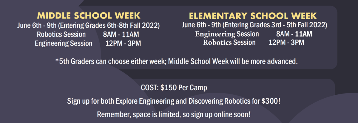 OlatheEngineer's tweet photo. We are hosting Engineering &amp; Robotics Summer Camps June 6th - 9th for Middle &amp; Elementary school students. If you are in the Olathe School District register at https://t.co/5EuHb8oAR9. If you are out of the school district go to https://t.co/OddTURmkdu. @Olathe21st @Ravonics1710 https://t.co/DjV2f4wXP8