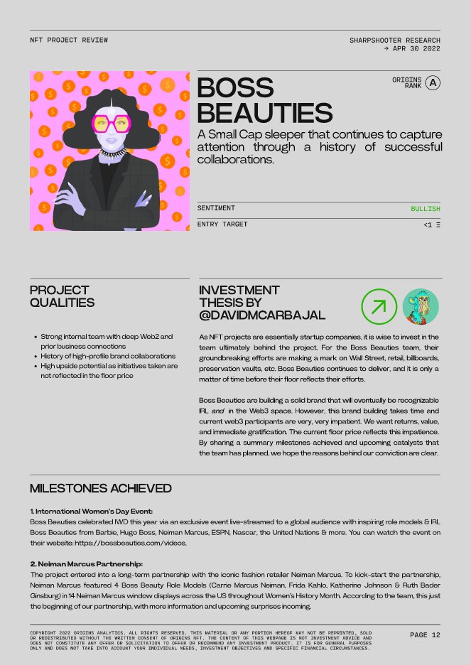DavidMCarbajal's tweet photo. The full report is now available to the public and can be found on the @OriginsNFT Twitter account!.. Here is the extracted @BossBeautiesNFT portion. Enjoy :) https://t.co/4YikuWF9ux