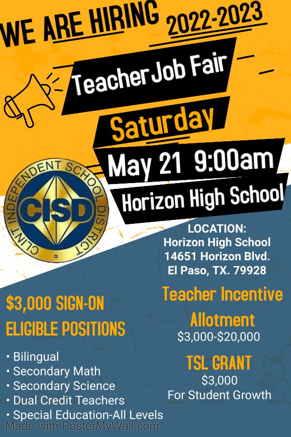ClintISD_HR's tweet photo. Teacher Job Fair | 2022-2023 Positions
May 21 at Horizon High School
#WeAreClintISD #Aspire https://t.co/d7FaD5SMzr