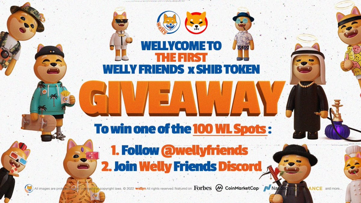 📣 #ShibArmy,

WELLYCOME TO THE FIRST WELLY x SHIB GIVEAWAY 

We are happy to announce this great opportunity for the community!

Enter To Win One Of The 100 Whitelist Spots:

🍔 Follow <a href="/wellyfriends/">welly</a>  
🍔 Join Discord discord.gg/wellyfriends